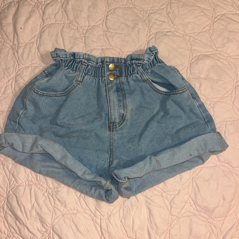 Princess Polly Blue Jean Shorts High-Waisted Paper-Bag Style
